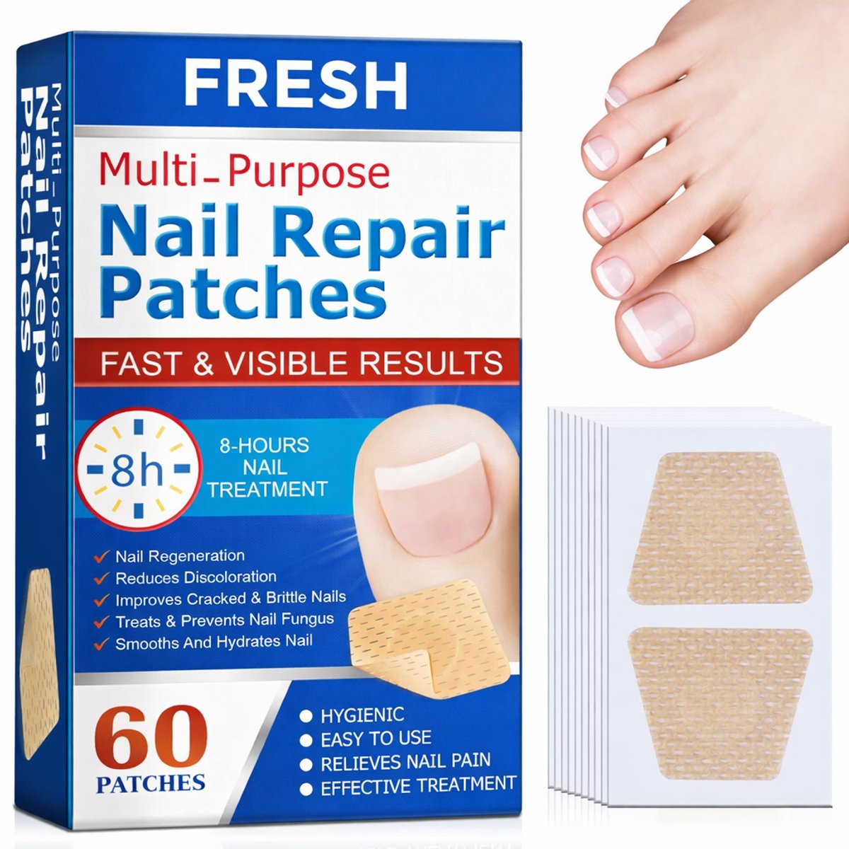 FRESH Nagelherstel Pleisters – 60 stuks – Nachtpleister 6-8 uur – Voor nagels met kalknagel/schimmelnagel-uitstraling – Beschermt & verzorgt
