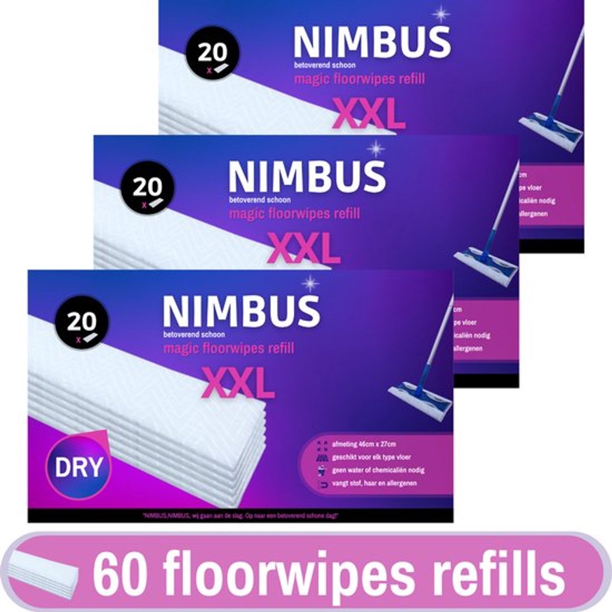 NIMBUS Magic Floorwipes Refill XXL (60x) - Droge Vloerdoekjes 46cm x 27cm - Geschikt voor Swiffer
