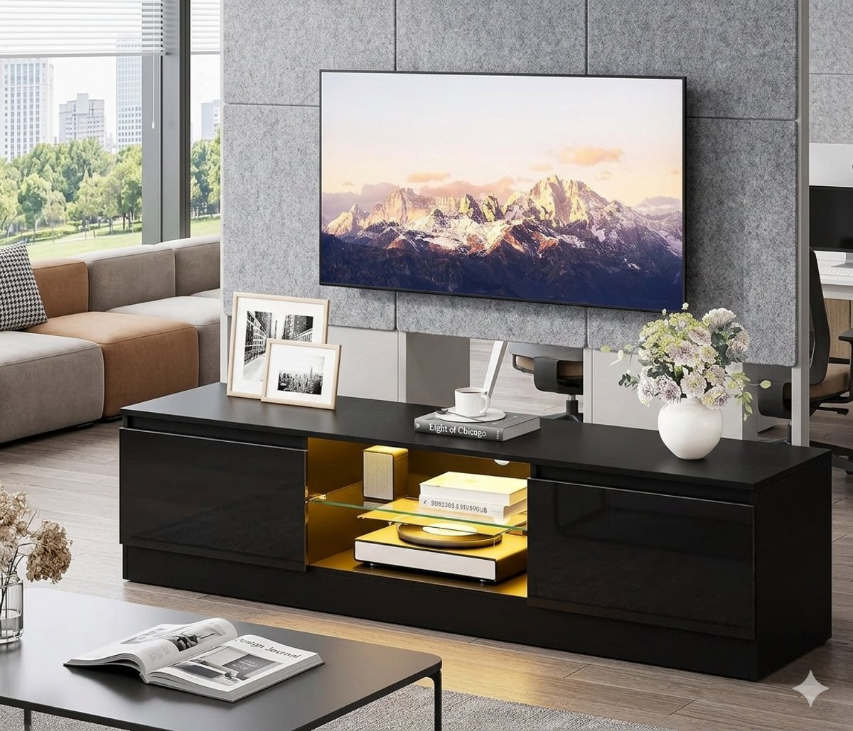 TV-meubel met LED-verlichting 160 × 37,8 × 40 cm – Modern TV lowboard voor 55-70 inch televisie met 16 kleuren LED, 2 deuren, verstelbare glazen plank en opbergruimte – Zwart – Depauw