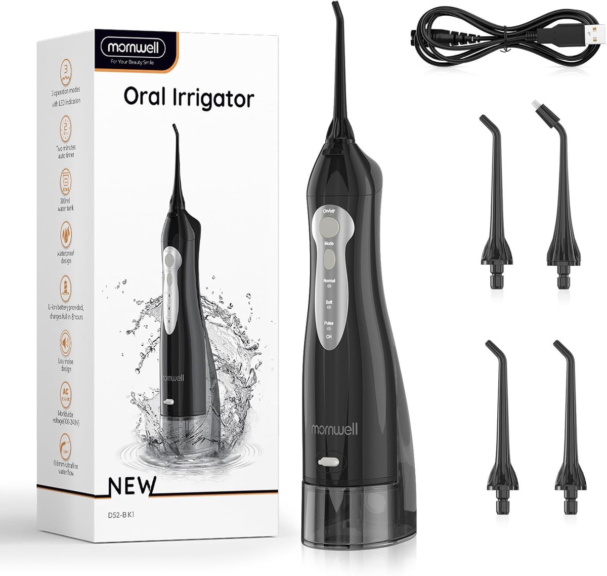 Draadloze Monddouche met 3 Modi – USB Oplaadbare Waterflosser 300 ml – IPX7 Waterdicht met 4 Straalpunten – Professionele Tandenreiniger – Zwart