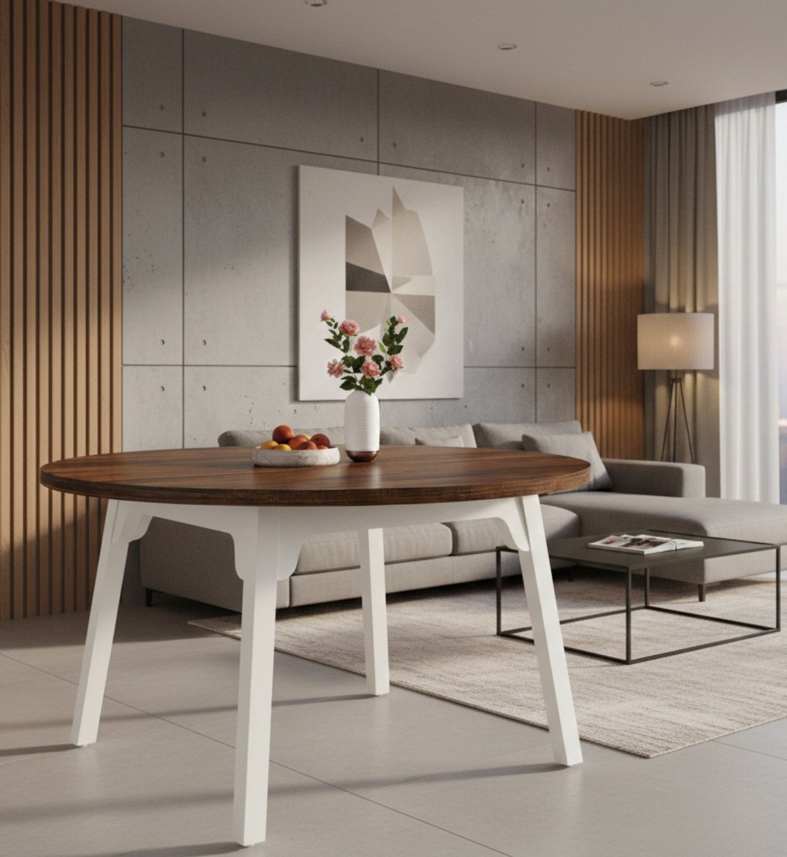Ronde Industrieel Eettafel 120 cm - Moderne Boerderijstijl Tafel voor 4-6 personen - Massief Hout & MDF - Duurzaam, Krasbestendig en Waterdicht - Ideaal voor Keuken, Eetkamer of Bistro, Casa Serena...