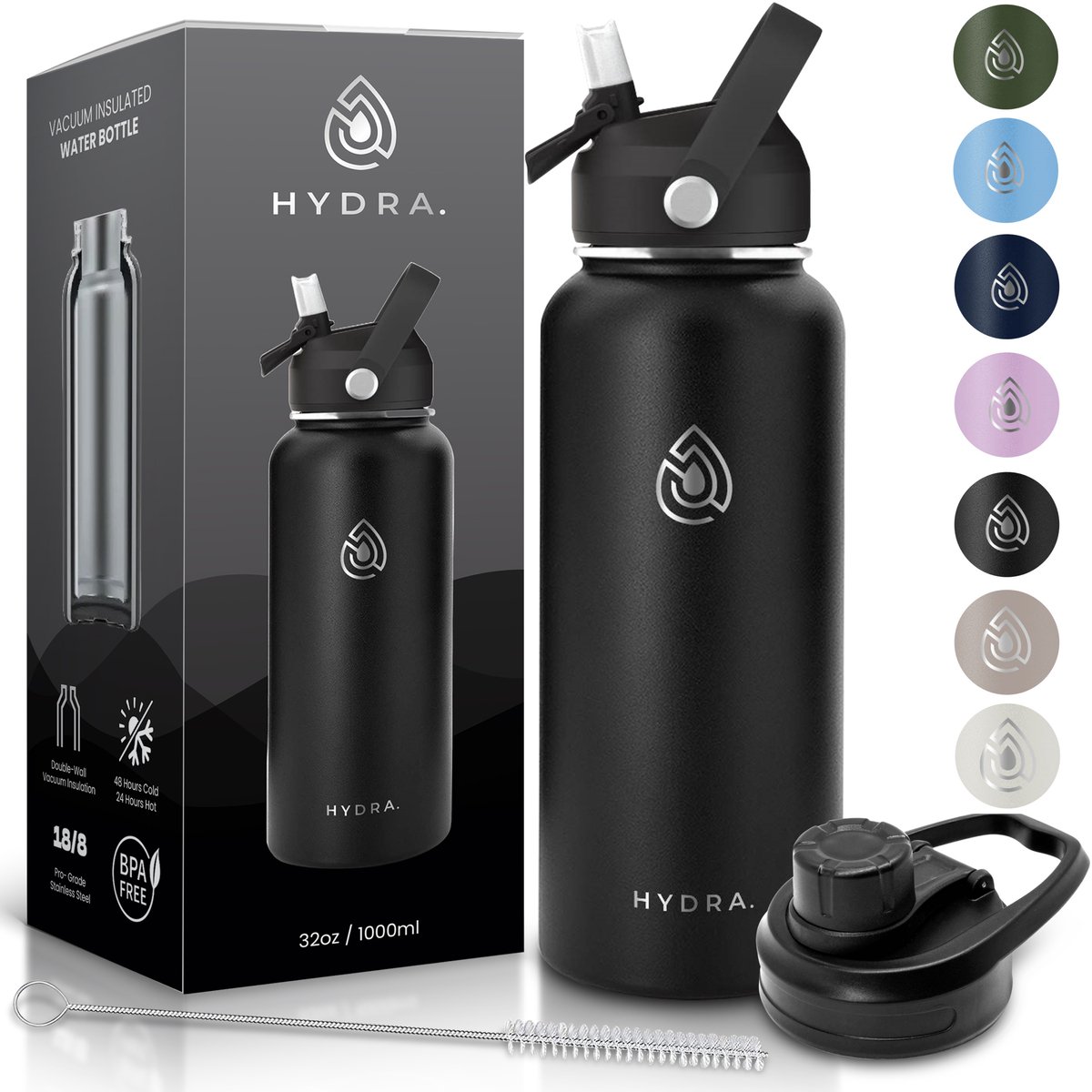Drinkfles Roestvrij Staal 1000ml - Obsidian Black - 1L RVS Waterfles - Outdoor - Verpakking inclusief dop met rietje draaidop schoonmaakborstel - min. 24u warm - 24u koud - Hydra.