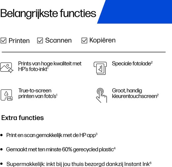 Overzicht van de belangrijkste functies van de HP Envy Photo printer: printen, scannen, kopiëren, hoge kwaliteit, fotolade, touchscreen en HP app.