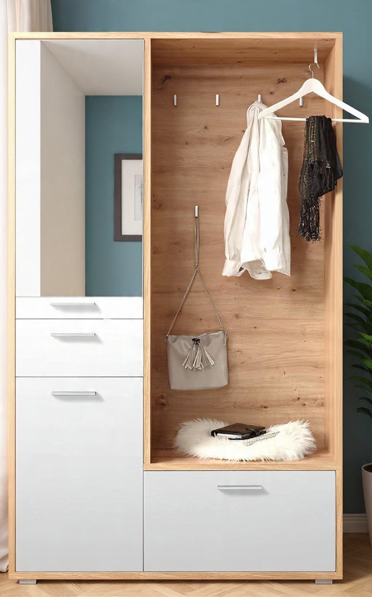 Halgarderobeset in eikenhouten look, wit - Stijlvolle compacte garderobekast met spiegel voor uw entree - 117 x 198 x 38 cm (B/H/D) - Casa Serena