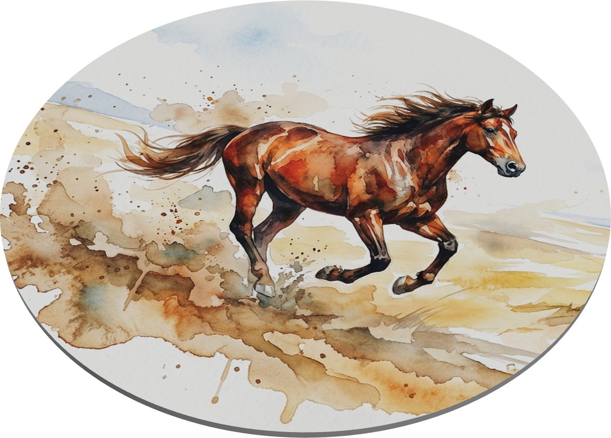 Ronde Muismat Aquarel Series - Rennend Bruin Paard in de Vlakte Print - Wilde Dieren Natuur Schildering voor Kantoor en Thuiswerkplek - Uniek Bureau Accessoire Cadeau voor haar: Vriendin & Collega - Decoratieve Computer Muis Mat voor Laptop en PC