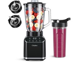Chefino Blender 1400W – Krachtige Smoothie Blender met Glazen Kan 1,5L – Inclusief 700 ml To-Go Beker – 6-Blads & 4-Blads Mes – IJscrusher – Zelfreinigend – Keukenblender voor Smoothies & Shakes