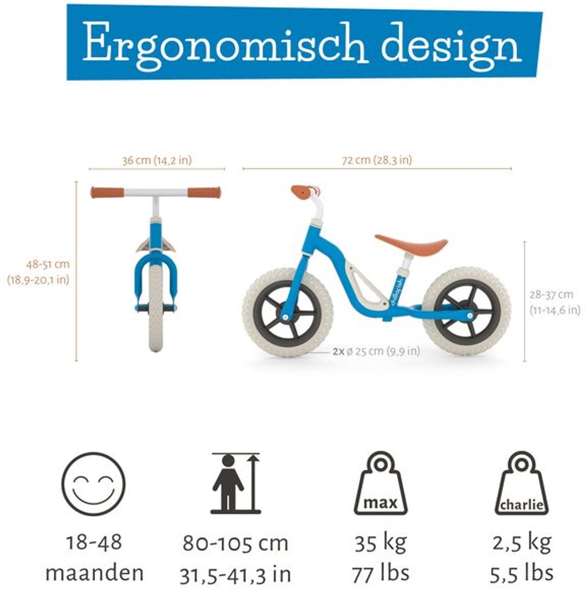 Chillafish Loopfiets 2 jaar - Lichtgewicht met verstelbaar zadel en stuur - Blauw- Loopfiets voor jongens en meisjes tot 4 jaar met handvat om te dragen en anti lek banden - Model Charlie — afbeelding 9