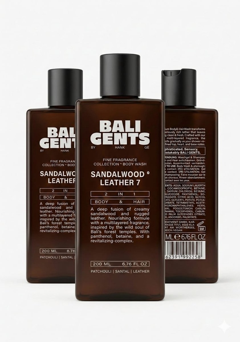 Bali Gents by Hank Ge - Sandalwood Leather 7 - 2-in-1 Body Wash & Shampoo Heren - 3-Pack (3 x 200 ml) - Vegan