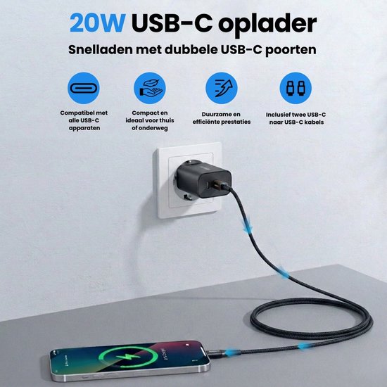 Zwarte 20W USB-C oplader aangesloten op een stopcontact laadt een telefoon op via een kabel.