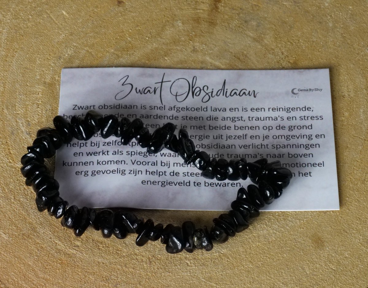 GemsByShy Zwart Obsidiaan Chip Armband - edelstenen - Perfect cadeau voor mannen vrouwen - Inclusief uitleg - Spiritueel - Black Obsydian - Bescherming - Aarden - Zelfontplooiing - Trauma's - 100% NATUURLIJK