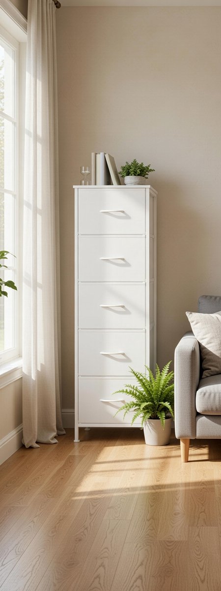 SerenaHome™ Ladekast met 5 Laden - Moderne Opbergkast met Stoffen Laden en Stalen Frame 116,7 cm - Wolkenwit/Sneeuwwit - Casa Serena – 116,7 cm – Casa Dorada
