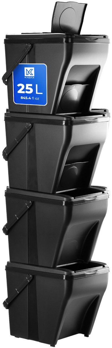 KADAX Afvalscheidingssysteem, modulaire vuilnisemmer van kunststof, recycling-emmer voor keuken en badkamer, sorteerdoos, bio-afvalemmer, afvalsorteerder (4 x 25 l)