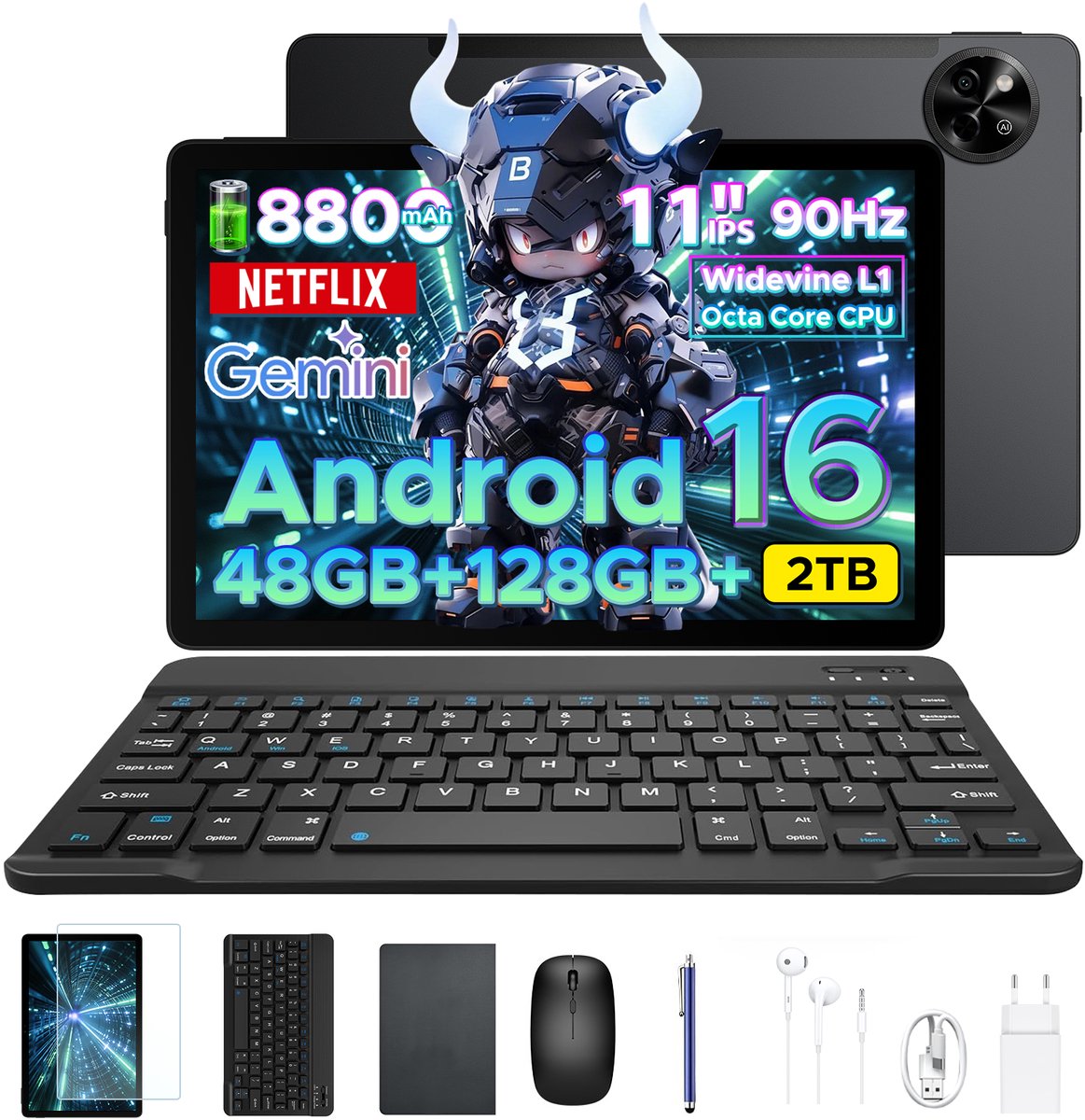 Aorlym P11 Tablet - 48GB RAM+128GB ROM/TF 2TB - Android 16 - 11 inch tablet 90Hz - T7250 - 8800mAh - 13MP+5MP - Gemini AI - Widevine L1 - Face ID - 5G WIFI - Dubbele luidsprekers - Pen, toetsenbord, muis - Zwart