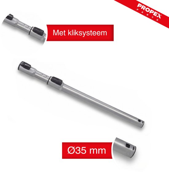 Zilverkleurige telescoopbuis met 'Propex Parts' logo en tekst 'Met kliksysteem Ø35 mm'.