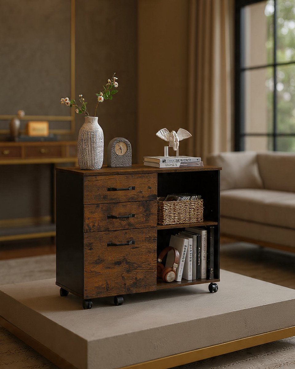 Industrieel Verrijdbaar Ladeblok met Archielade en Printertafel – Vintabruin/Zwart 80x40x66 cm – Casa Serena