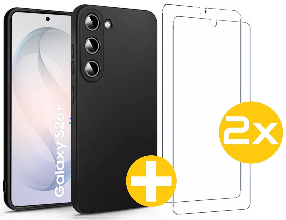 Hoesje en Screenprotector Combi Geschikt Voor Samsung Galaxy S26+ (S26 PLUS) - Zwarte Siliconen Hoesje + 2x Screenprotector