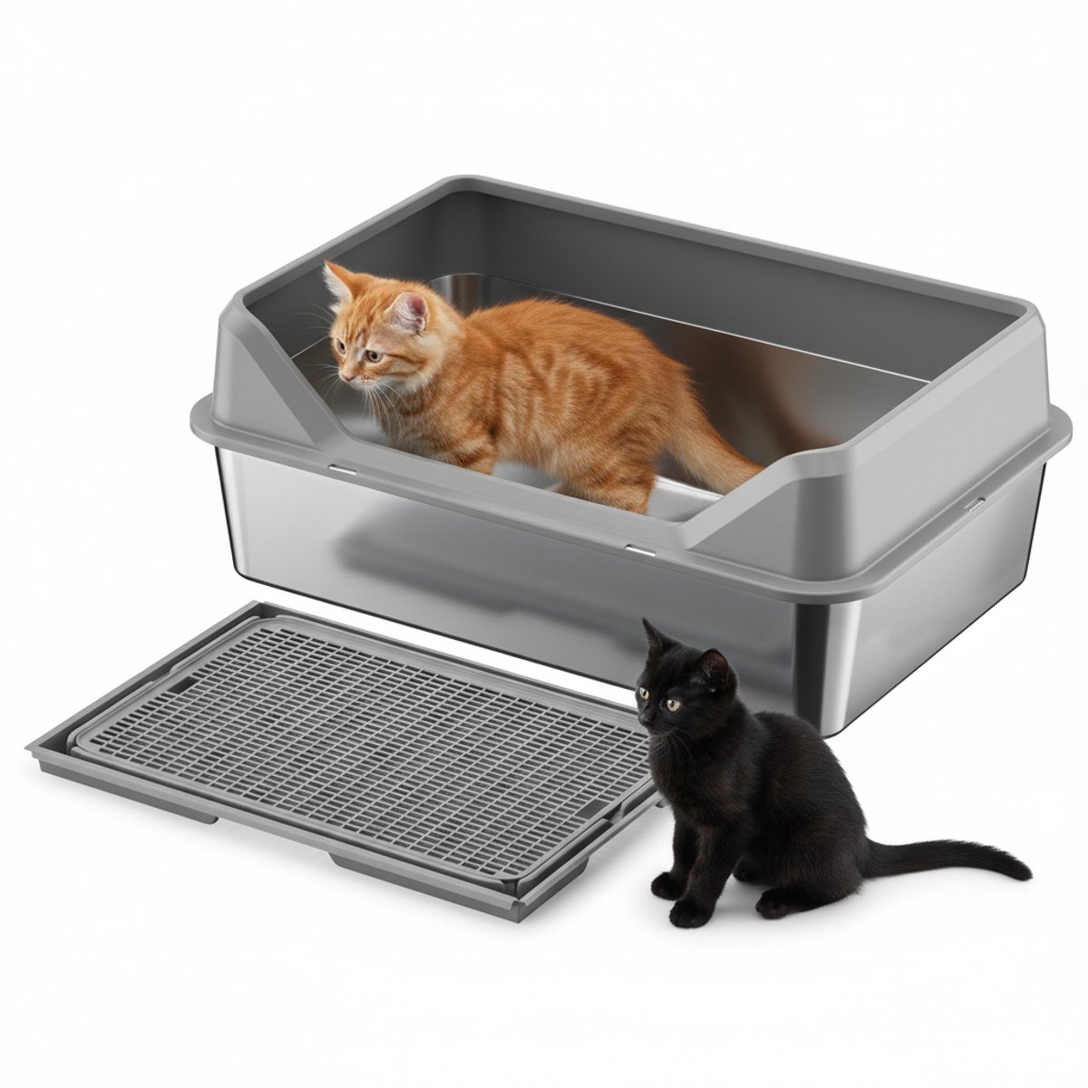 Hearyoo Kattenbak RVS – Kattenbak met Kattenbakmat en Schep – Anti-Uitloop Hoge Rand – Katten Toilet voor Katten tot 4 kg – 50×35×20 cm