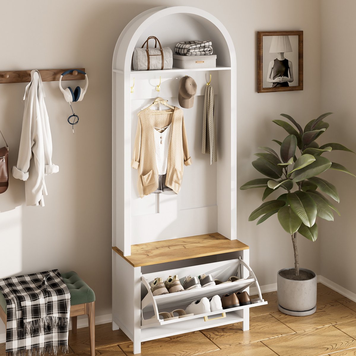 Multifunctionele Kledingkast met Schoenenrek, Plank en Haken – Kapstok voor de hal, Duurzaam MDF-Frame, Modern Design, Stevige Ijzeren Poten, Praktische Opbergruimte, Wit