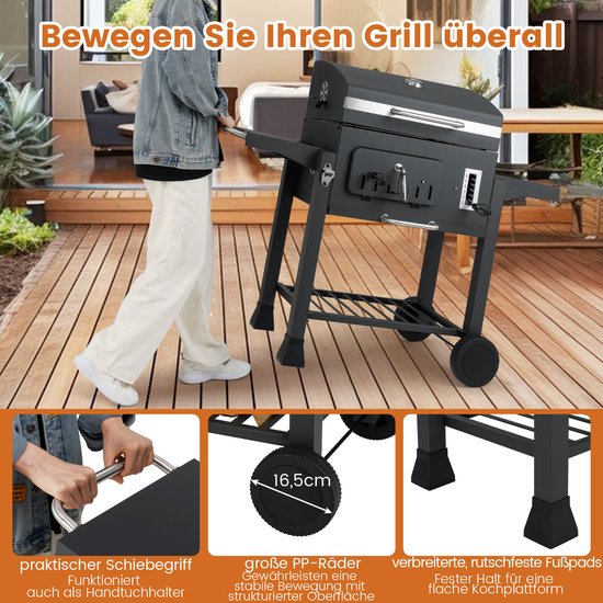 COSTWAY houtskoolgrill, grillwagen met deksel, wielen, 2 inklapbare zijtafels, grillrooster, thermometer, 6-voudige houtskoolhouder en opbergvak, staande grill, kolengrillwagen van Merkloos — afbeelding 5