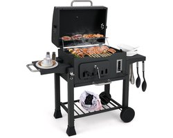 COSTWAY houtskoolgrill, grillwagen met deksel, wielen, 2 inklapbare zijtafels, grillrooster, thermometer, 6-voudige houtskoolhouder en opbergvak, staande grill, kolengrillwagen