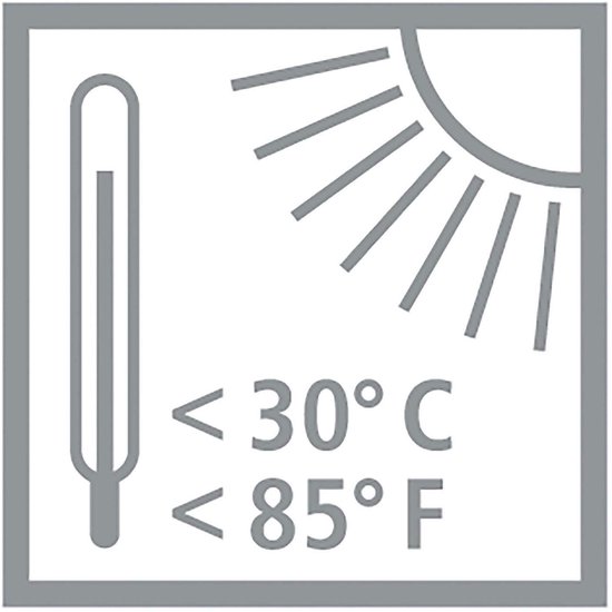 Pictogram met thermometer en zon, geeft aan 'minder dan 30 graden Celsius'.