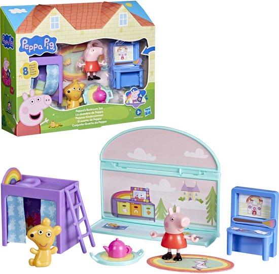 Ensemble de jeu Peppa Pig Chambre de Peppa et un aperçu de son contenu. L'ensemble comprend des figurines de Peppa et George, un lit, un bureau et des accessoires.