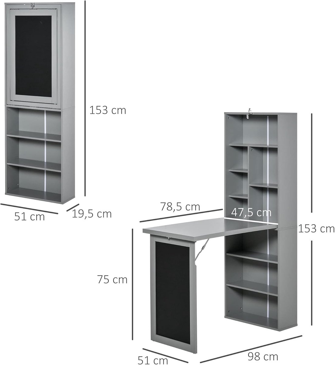 Inklapbaar Bureau met Opbergruimte – Casa Velluto “FlexiDesk Pro” – L-vormig 98 x 51 x 153 cm – 6 Vakken, 3 Planken, Computertafel, Kantoortafel, Schrijfbord, Modern, Grijs, Spaanplaat & Metaal