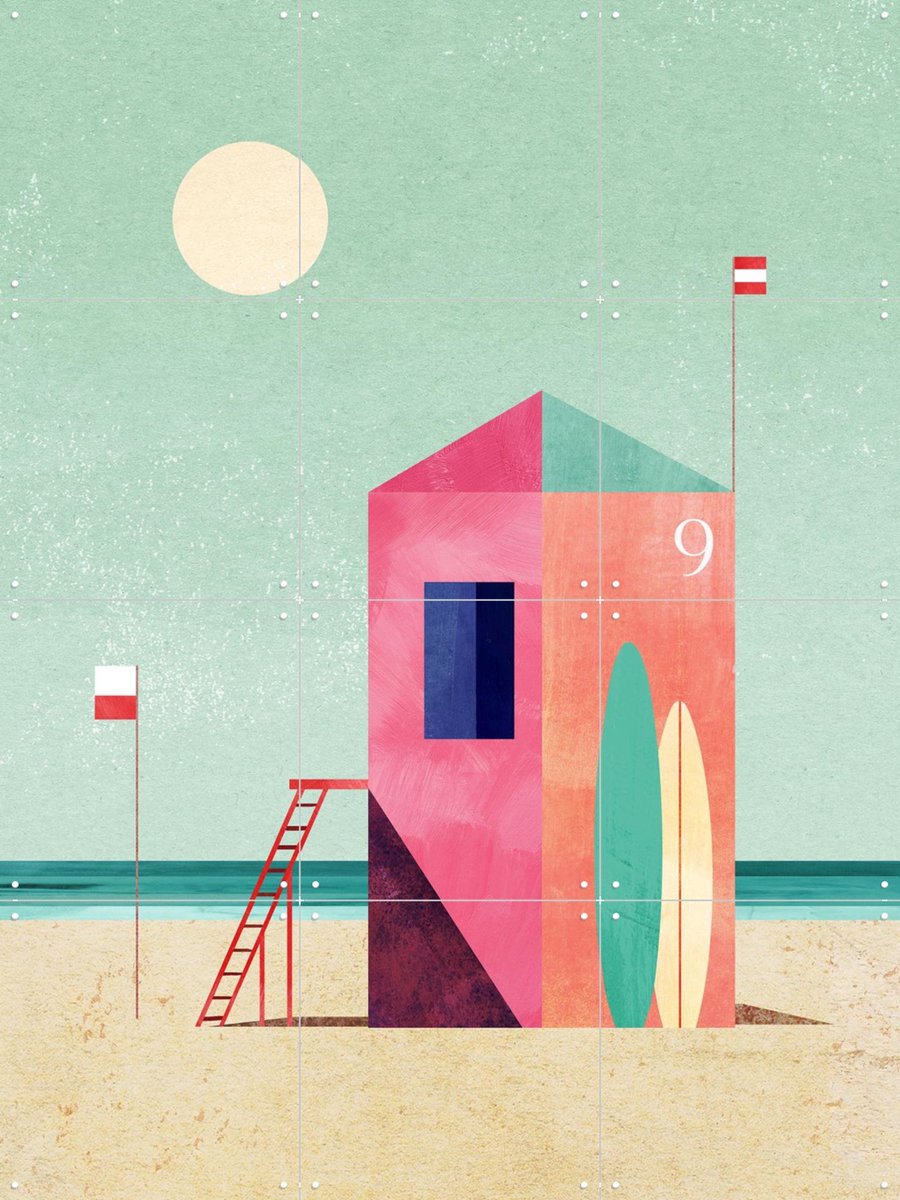 IXXI Surf Hut, Henry Rivers - 60 x 80 cm - Gratis ophangtool - Grote wanddecoratie en posters - Illustraties, Kleurrijk, Natuur