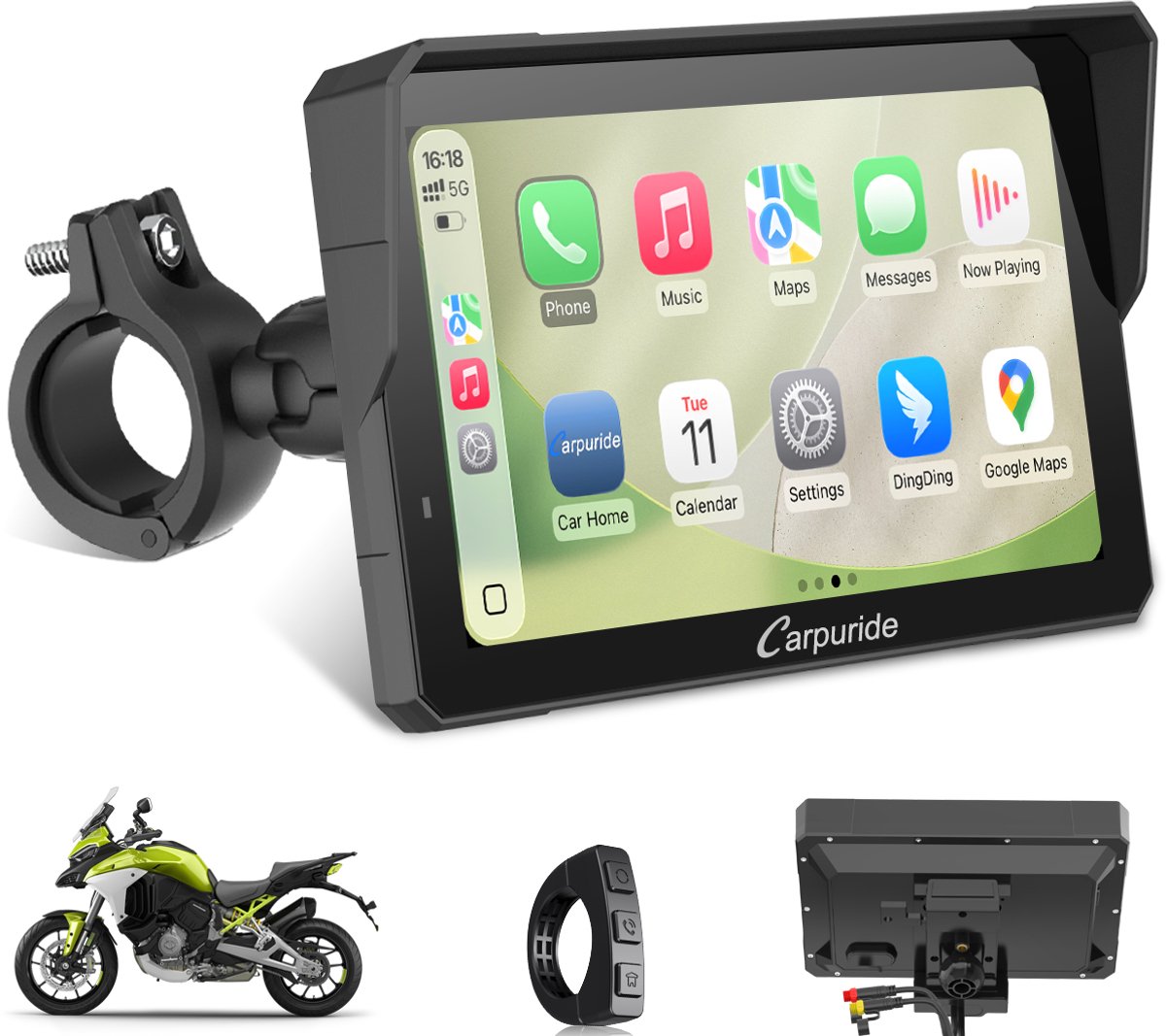 CARPURIDE W702SPRO CarPlay-scherm - motorfietsen Navigatie - Plug-and-play BM05-beugel - bedrade controller - CarPlay en Android Auto
