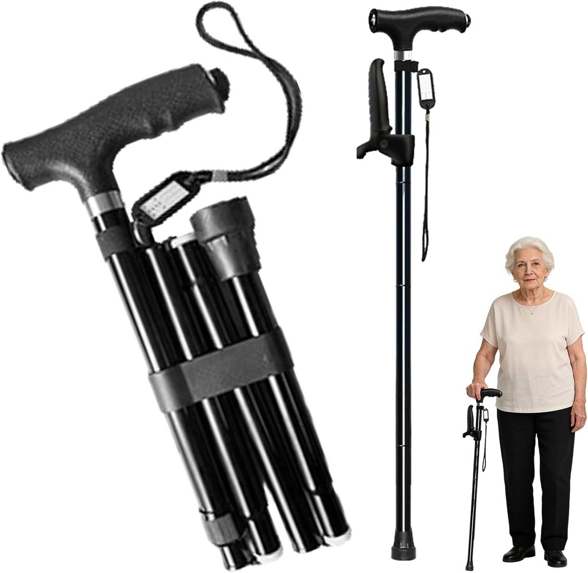 Verstelbare Wandelstok - Telescopische Loophulp - Veilig Lopen - Dubbele Handgreep - 82-92 cm - Zwart