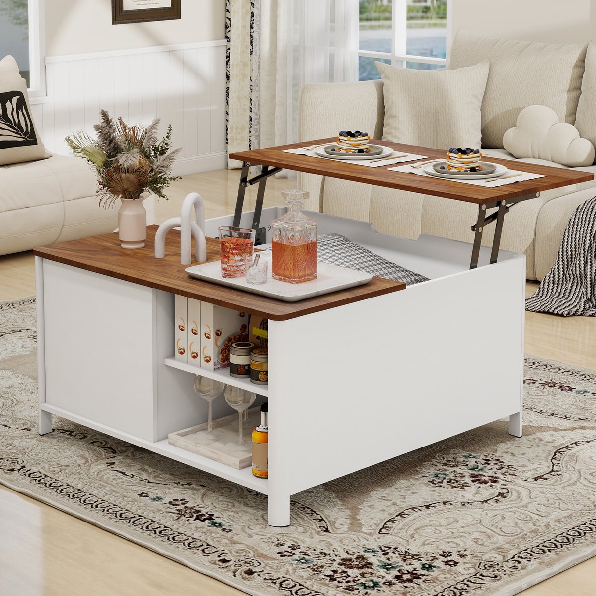 Puluomis - Salontafel - Woonkamertafel - Verstelbaar tafelblad - Vierkant - 80x80cm - Grote opbergruimte