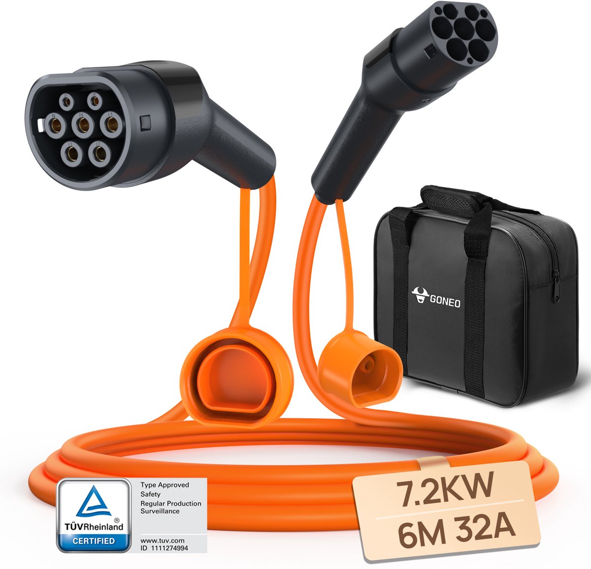 GONEO EV Type 2 laadkabel - 7kW 6m 32A - mode 3 - 1 fase - Oranje, EU EV laadkabels