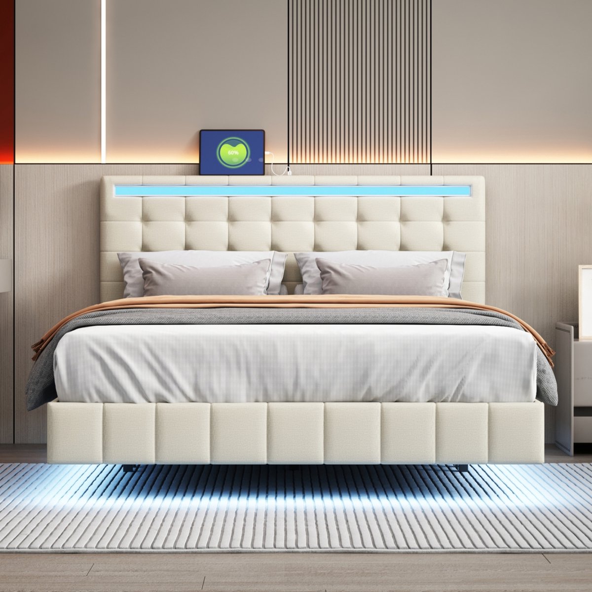 Gestoffeerd bed 140 x 200 cm, zwevend bedframe met ledverlichting en oplaadpoort, in hoogte verstelbaar hoofdeinde, verborgen bedpoten, beige beddengoed