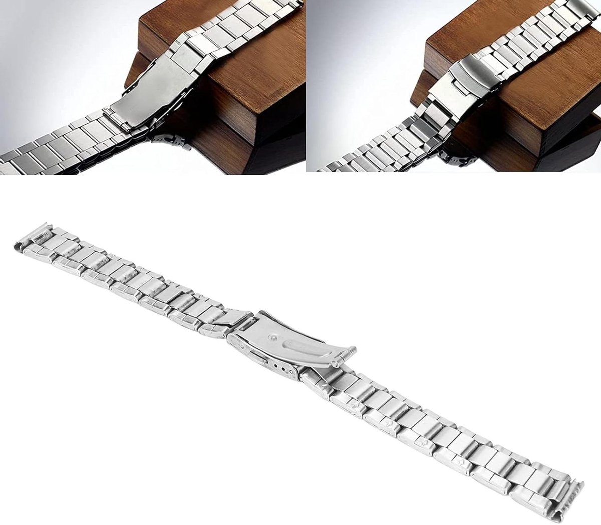 Allecto- Horlogeband - Vervanging - Zilver - Roestvrijstaal - Snelsluiting - Opvouwbaar - Geschikt voor mannen en vrouwen - 22 mm breed - Verstelbaar - Dubbele sluiting - Metalen band - 12 tot 22 mm breed