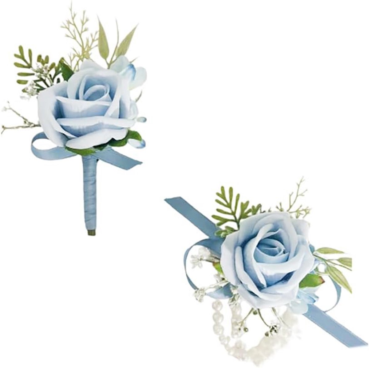 Lichtblauwe Corsage en Boutonnière Set voor Bruiloft en Prom