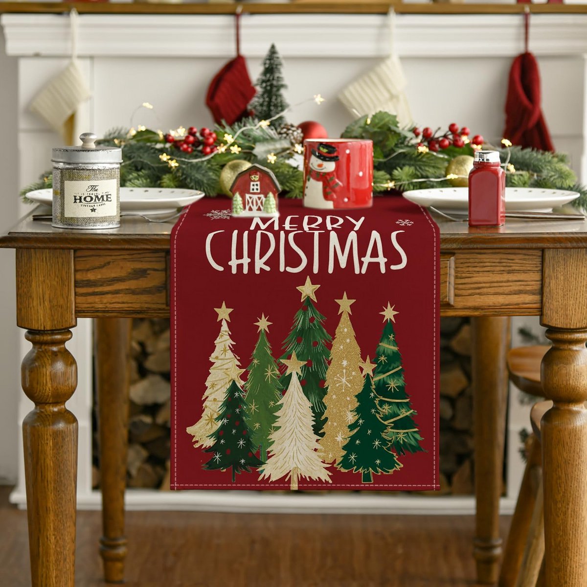 Tafel Runner Kerst en Winter Thema met Rode Bomen en Sterren 40 x 240 cm