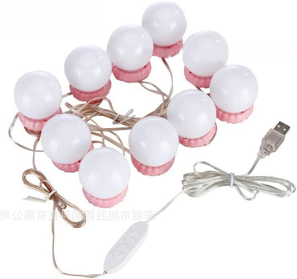 Allecto- USB-spiegellampen - make-up - 10 ledlampen - 3 kleurmodi - helderheid - bekleding - roze - 10 stuks - geschikt voor make-up tafel - roze basis met verlichting
