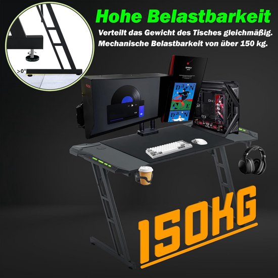 Ergonomisch Z-vormig Gamingbureau met Koolstofvezelblad en LED 140x60cm van Merkloos — afbeelding 5
