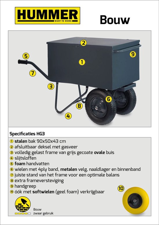 Hummer Gereedschapskruiwagen Pro - 190 liter - dubbele wielen van Merkloos	 — afbeelding 2