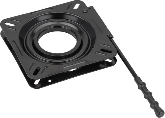 Zwart, metalen Easterner draaiplateau voor bootstoel met hendel voor 360 graden rotatie.