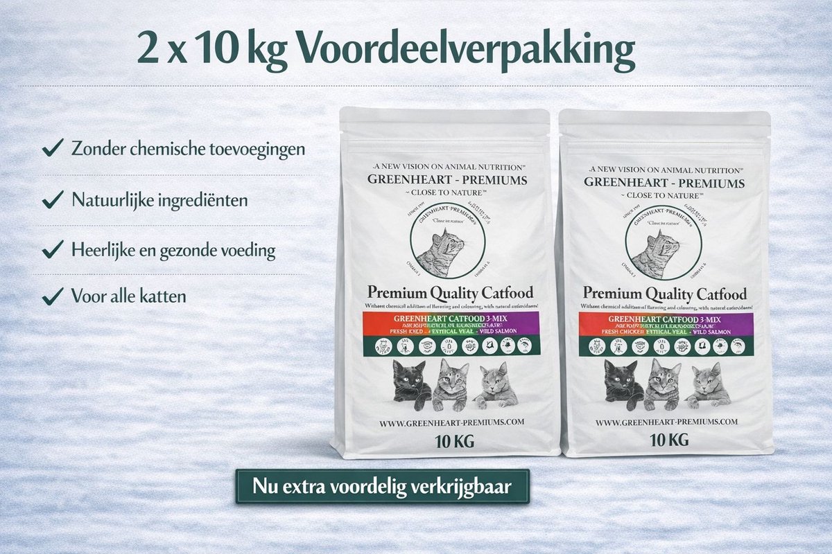 Greenheart kattenvoer 3 Mix 2x 10 kg Voordeelverpakking - Kat - Katten droogvoer