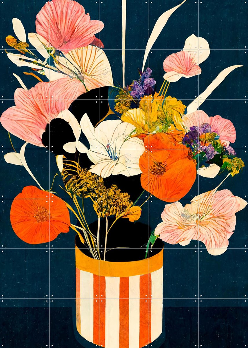 IXXI Flowers At Night, Treechild & Various - 100 x 140 cm - Gratis ophangtool - Grote wanddecoratie en posters - Kleurrijk, Grafisch Ontwerp,