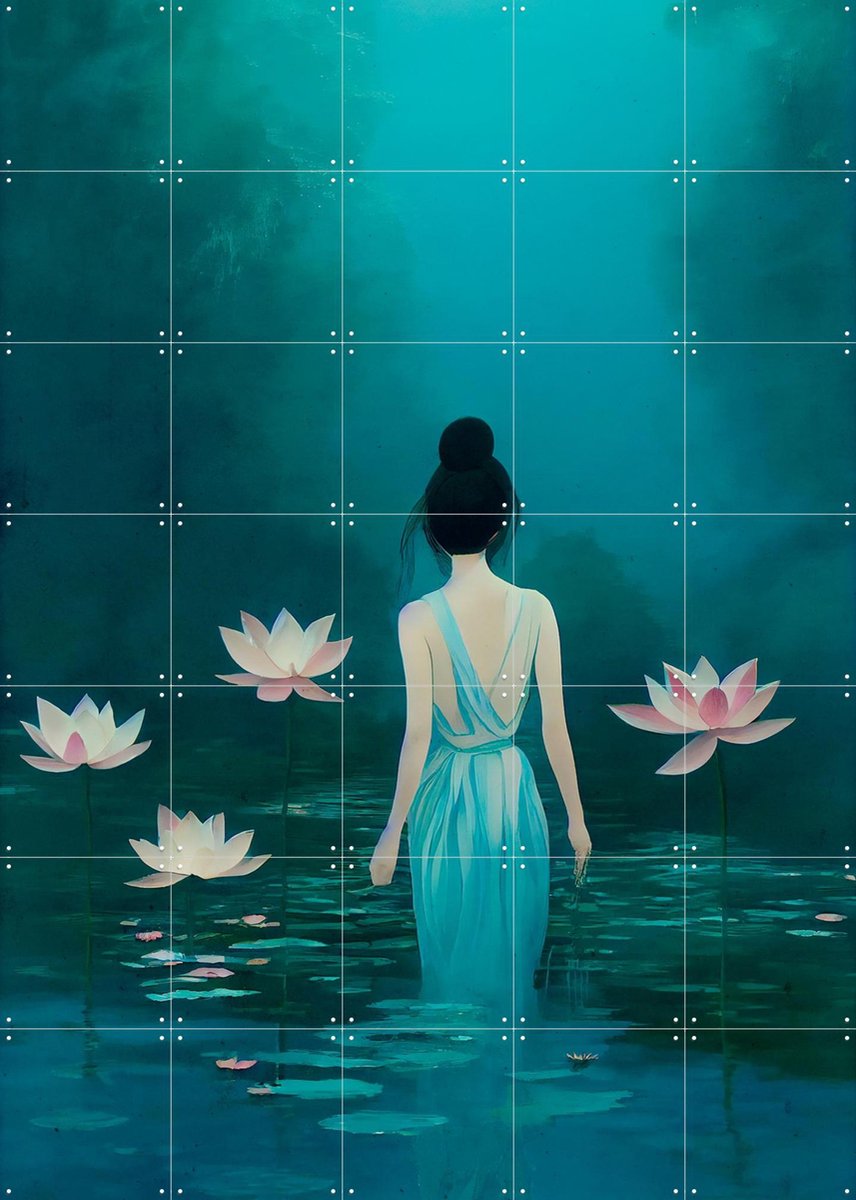 IXXI In The Pond, Treechild & Various - 100 x 140 cm - Gratis ophangtool - Grote wanddecoratie en posters - Kleurrijk, Grafisch Ontwerp, Bloemen