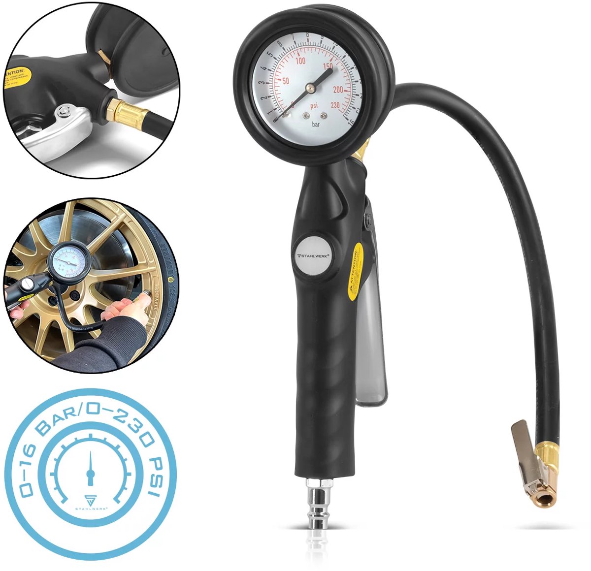 STAHLWERK bandenspanningsmeter DRA-162 ST | bandenspanningsmeter met manometer meetbereik | 2-in-1 bandenspanningsmeter voor auto's, vrachtwagens, motoren, fietsen | meetbereik 0 tot 16 bar/ 0 tot 230 PSI