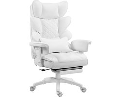 Dowinx Gamingstoel - Ergonomische Bureaustoel - Pocketvering Zitkussen - Dubbele Zachte Rugleuning - Verstelbaar Lendenkussen - Armleuningen - Voetsteun - PU - Wit