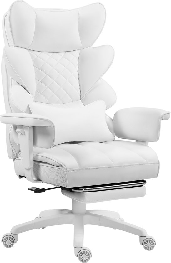 Dowinx Gamingstoel - Ergonomische Bureaustoel - Pocketvering Zitkussen - Dubbele Zachte Rugleuning - Verstelbaar Lendenkussen - Armleuningen - Voetsteun - PU - Wit