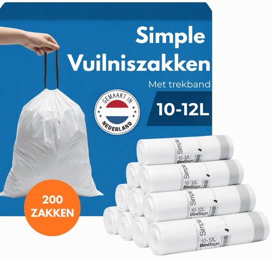 Lot de 200 sacs poubelles blancs de 10-12 litres, avec cordon de serrage. Fabriqué aux Pays-Bas.