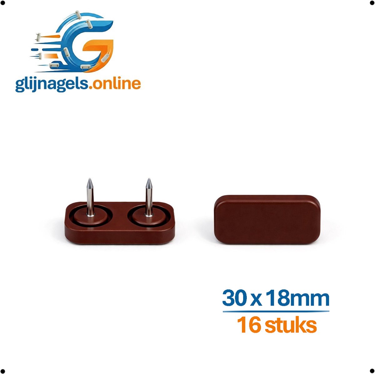 16 STUKS PREMIUM GLIJNAGELS - Glijnagel 30x18mm Bruin – Glijders PVC kunstof - Vloerglijders - Meubeldop - Glijdop - Meubelpoten glijders - Vloerbeschermers - Hout Bescherming tegen krassen en vocht - Geluiddempend - Ook v kasten tafels tuinmeubels