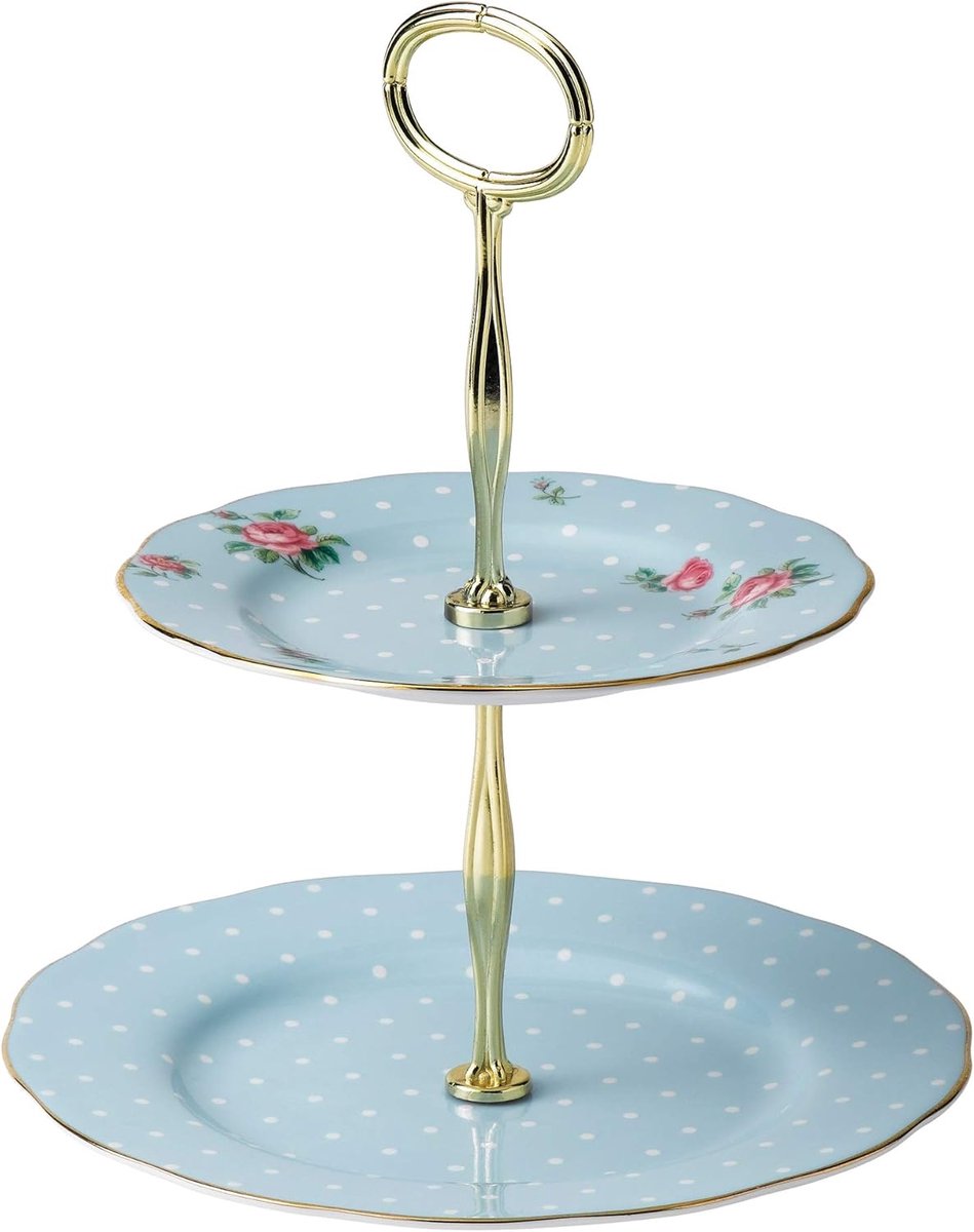 Luxe 2-laags Taartstandaard FSC - Vintage Blauw Design met Gouden Rand