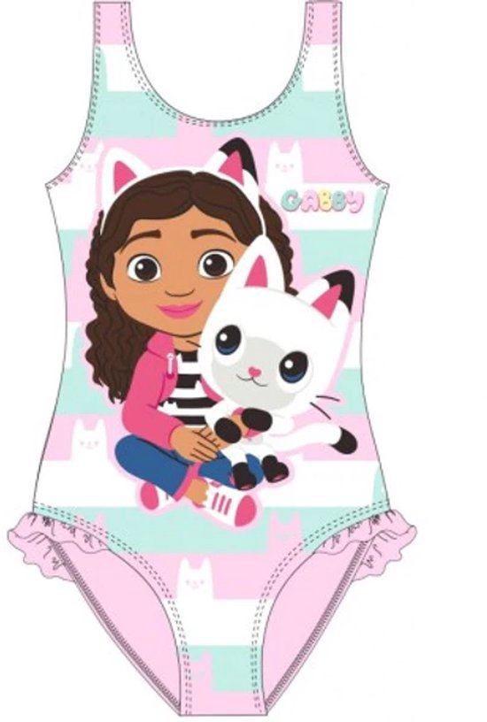 Badpak met Gabby en Pandy Poes. Gestreept met roze en mintgroene banen. Met ruches aan de zijkanten.